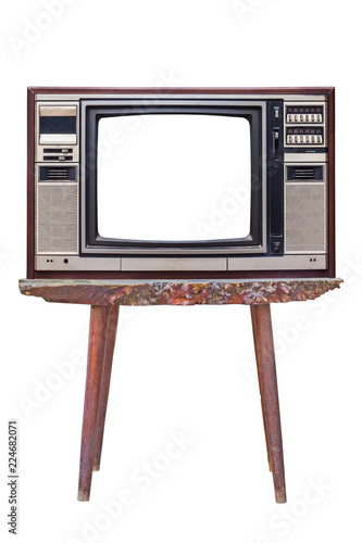 old retro color wooden home TV receiver  on old wood table isolated on white background,television  with cut screen.
