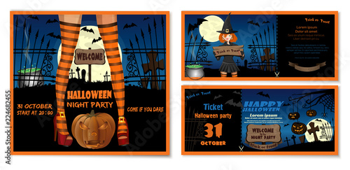 Halloween design set. Collection of Halloween leaflets and invitation cards with a cute girl in a witch costume. Vector illustration