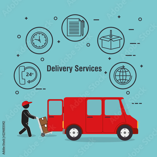 delivery service worker character with set icons