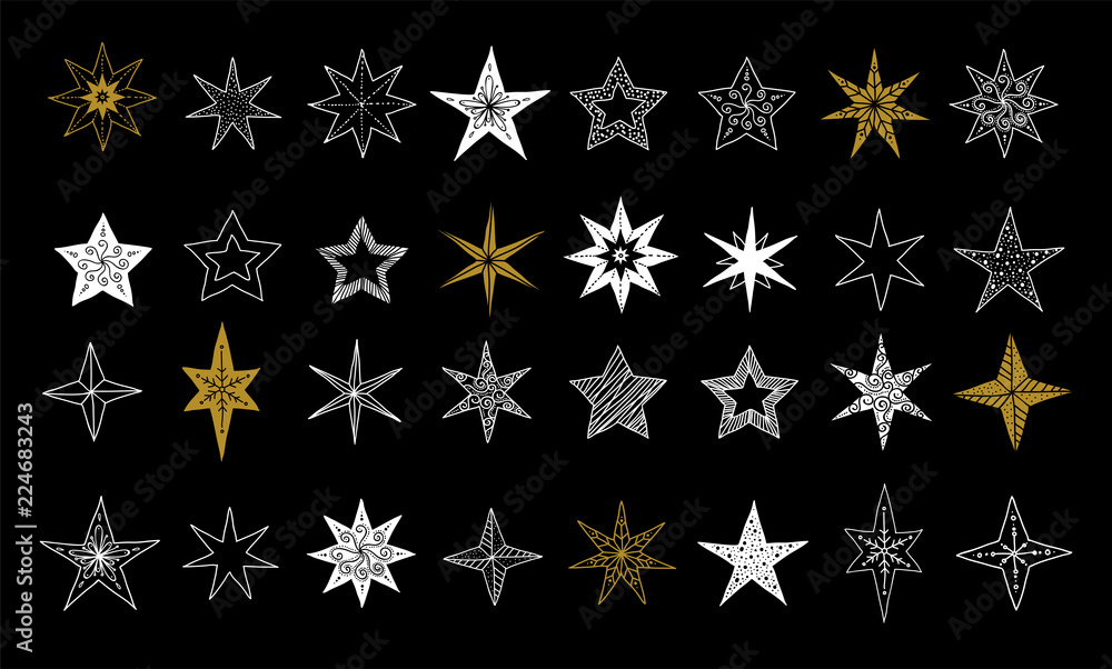 Collection of snowflakes, stars, Christmas decorations, hand drawn illustrations Collection of snowflakes, stars, Christmas decorations, hand drawn illustrations