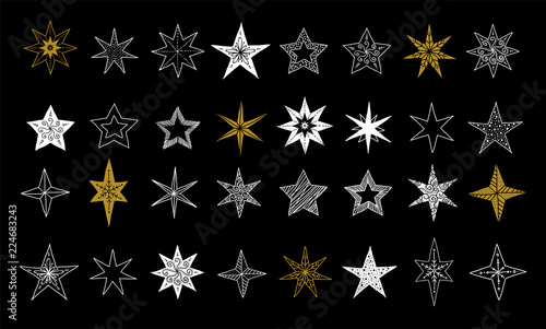 Collection of snowflakes, stars, Christmas decorations, hand drawn illustrations