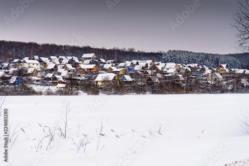 Winter landscape with cottage village on a hill near the forest © Tatyana_Andreyeva