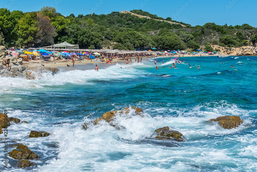 Olympiada, Greece - August 11, 2018: Proti Ammoudia beach, one of the most beautiful beaches in the Aegean Sea.