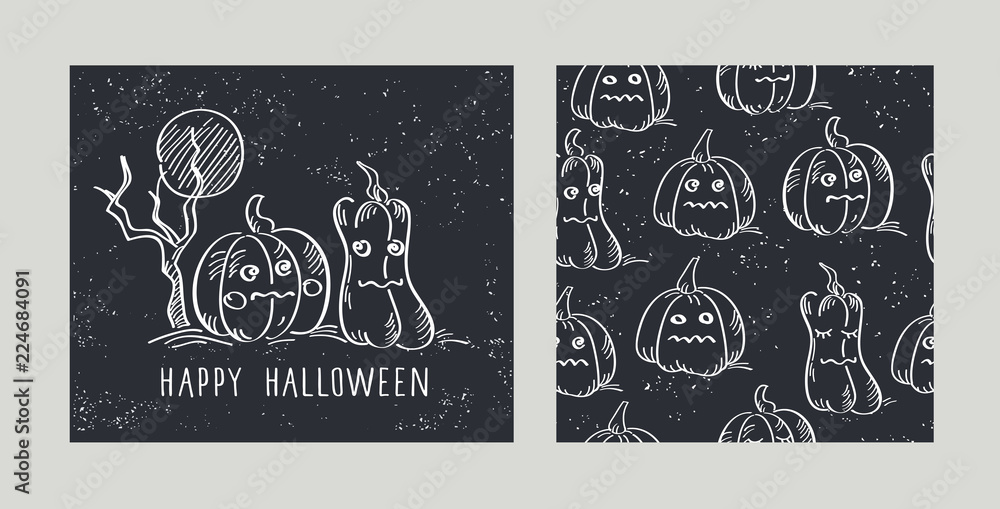Set of Halloween card and seamless pattern with pumpkins. Background for textile, wallpapers, gift wrap and scrapbook. Black and white vector illustration. Set of Halloween card and seamless pattern with pumpkins. Background for textile, wallpapers, gift wrap and scrapbook. Black and white vector illustration.