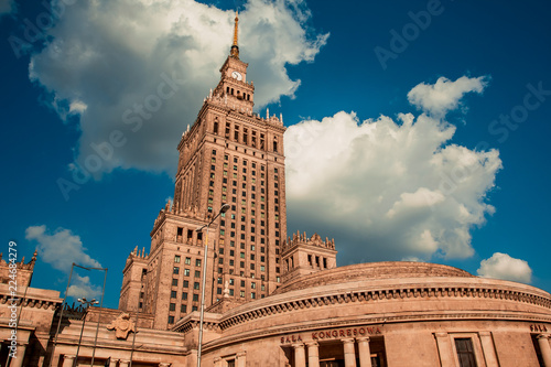 View of the palace of Culture and Science in Warsaw on a sunny day. The urban landscape