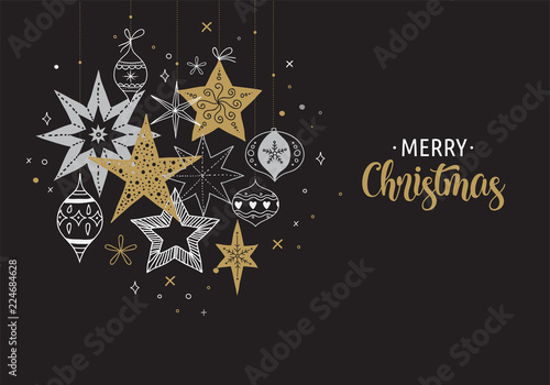 Elegant Merry Christmas background, banner and greeting card, collection of snowflakes, stars, Xmas decorations, hand drawn illustration photo