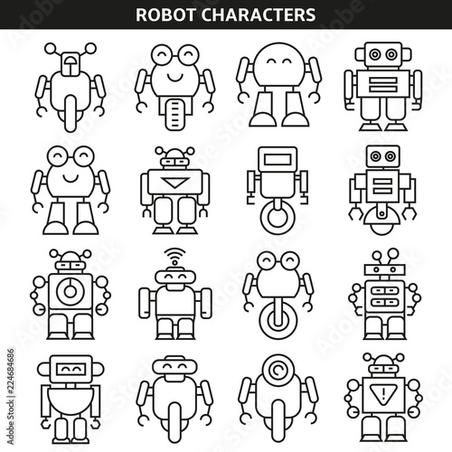 robot character icons in line style