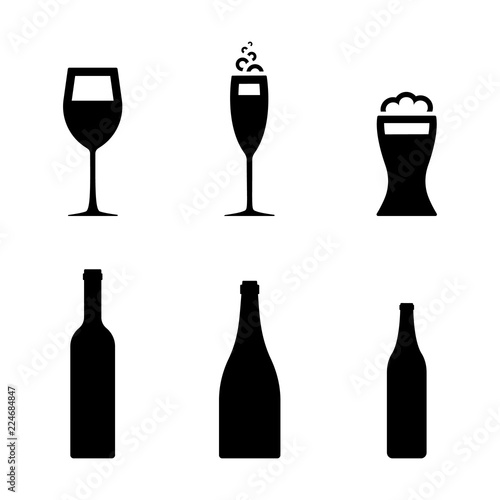 Wine, beer, champagne glass icon set. Bottle of different drinks black symbol pictogram