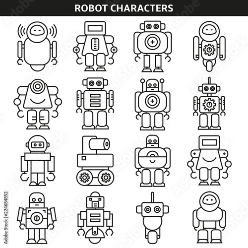 robot character icons in line style