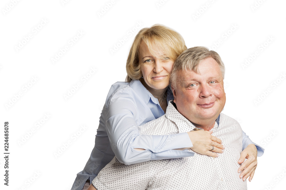 Husband and wife hugging and laughing, happy family, isolated on white background Husband and wife hugging and laughing, happy family, isolated on white background