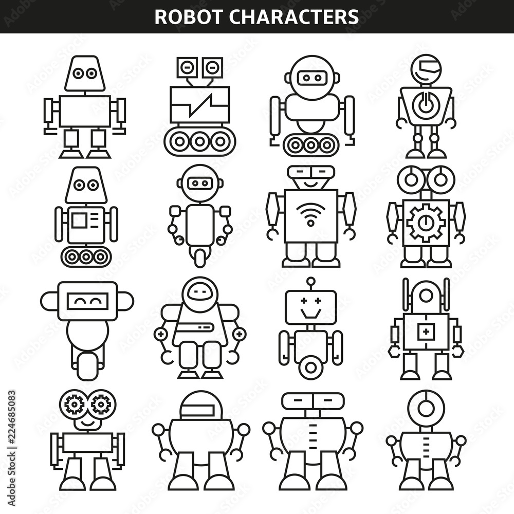 robot character icons in line style robot character icons in line style