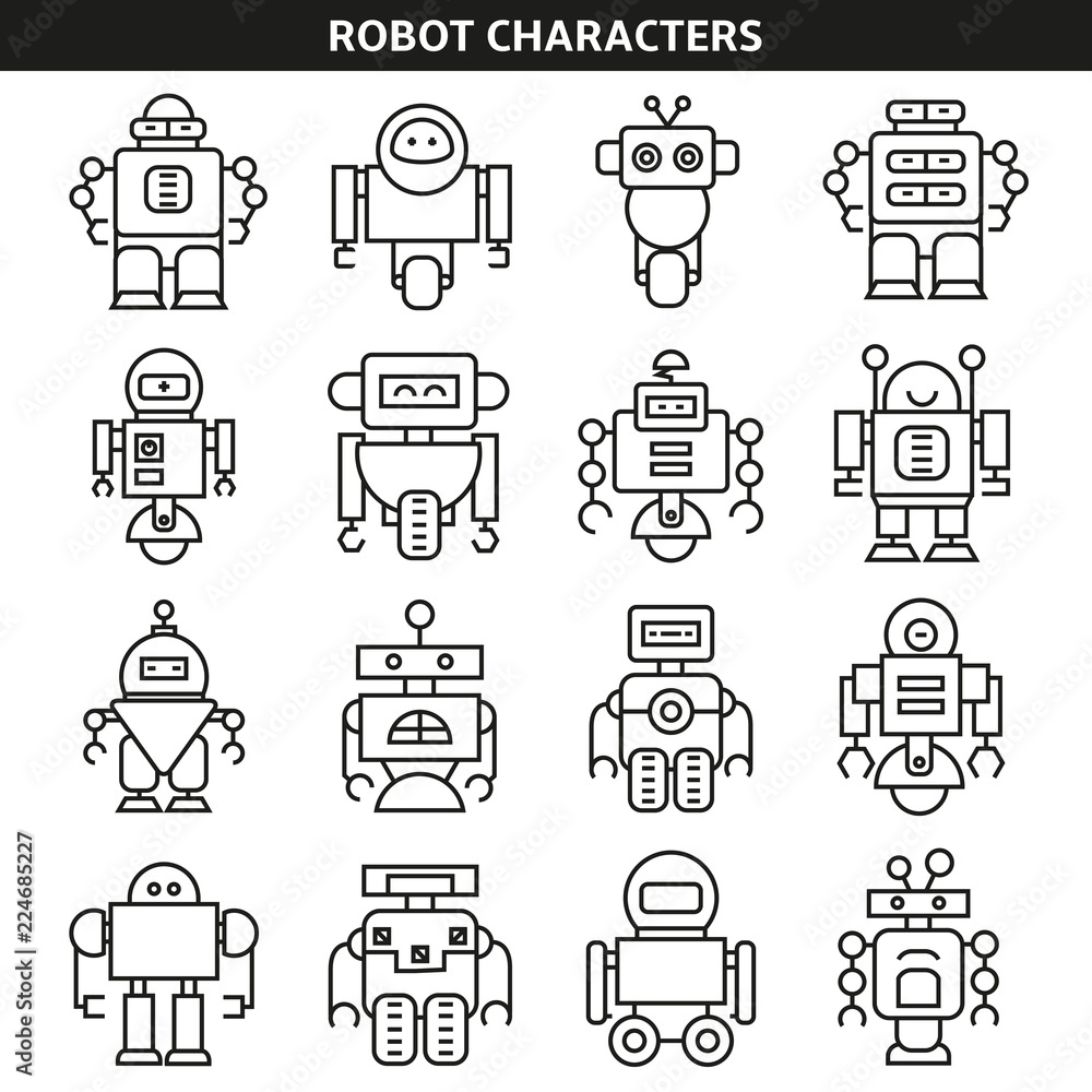 robot character icons in line style robot character icons in line style