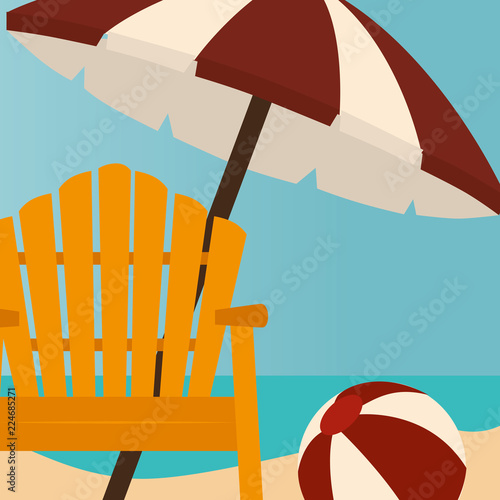beach landscape with chair and umbrella scene