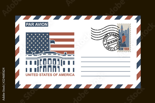 postal envelope design with american symbols on black background