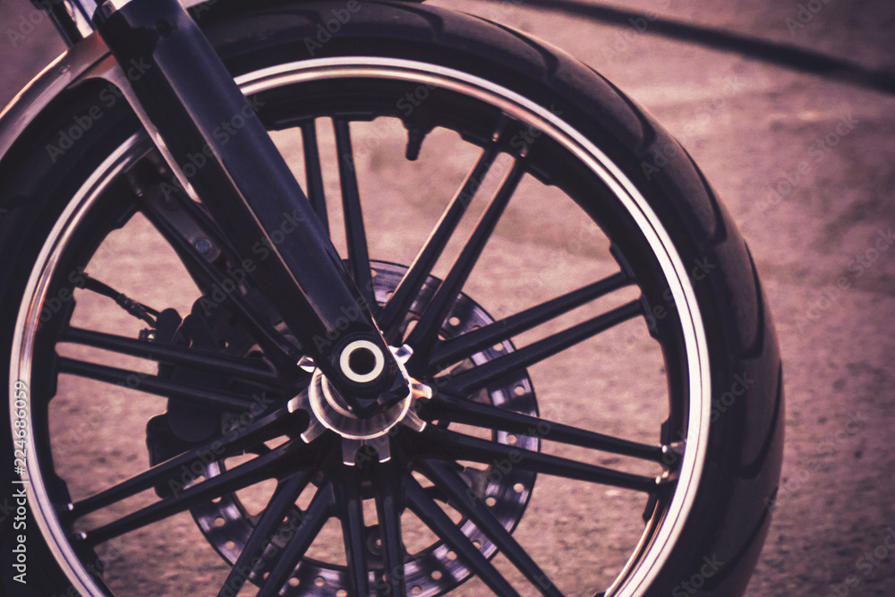 The front wheel of the motorcycle