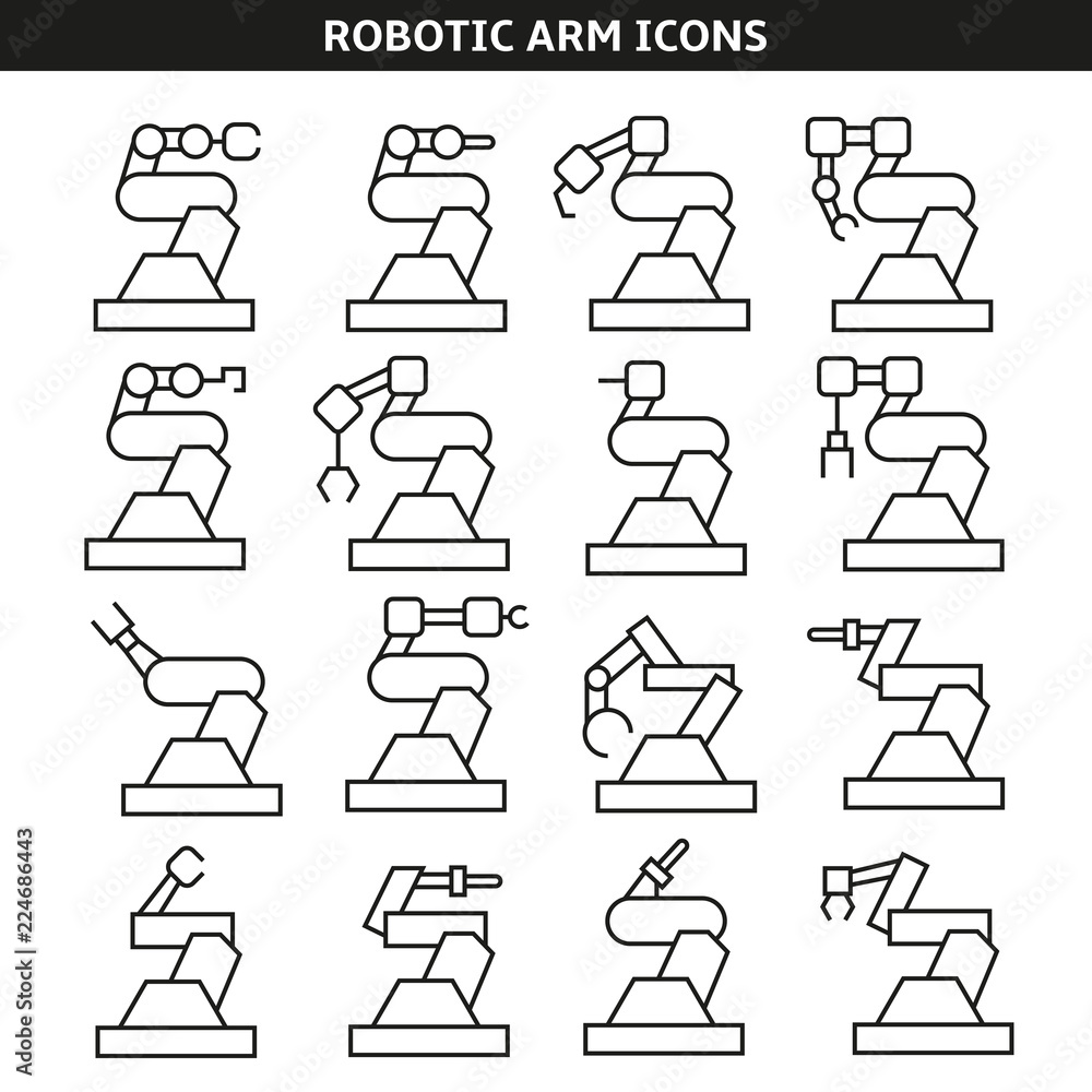 robotic arm and industrial robot icons set in line style robotic arm and industrial robot icons set in line style
