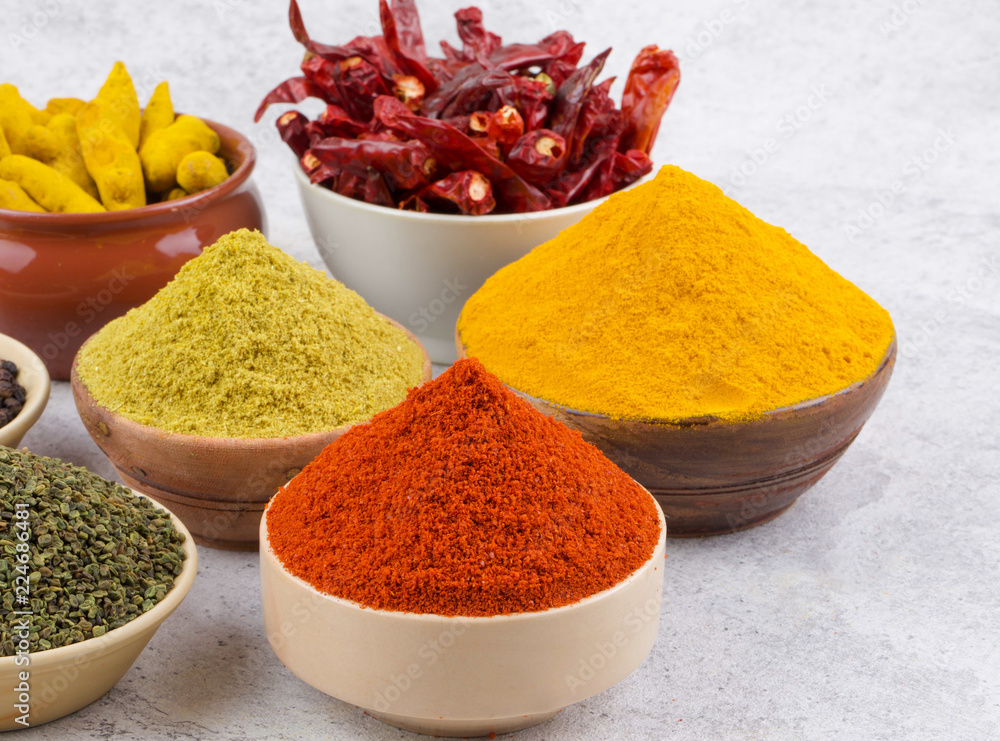 Indian Spices Collection Also Called Red Chili Powder, Turmeric Powder