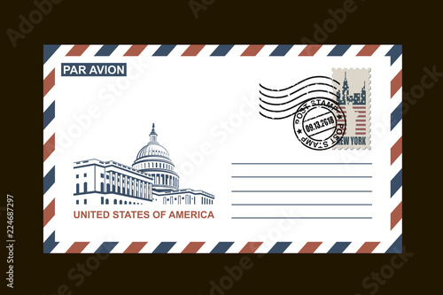 postal envelope design with american symbols on black background