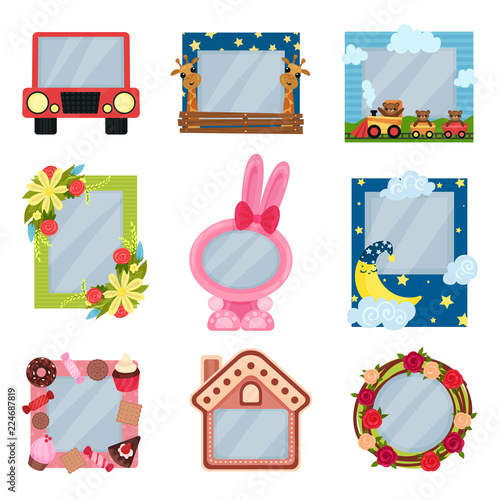 Collection of cute photo frames for boys and girls, album templates for kids with space for photo or text, card, picture frames vector Illustration on a white background
