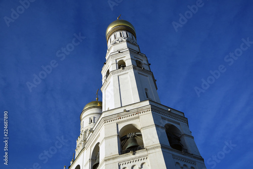 Ivan Great Bell tower of Moscow Kremlin. Popular landmark. Blue sky background. Color photo.