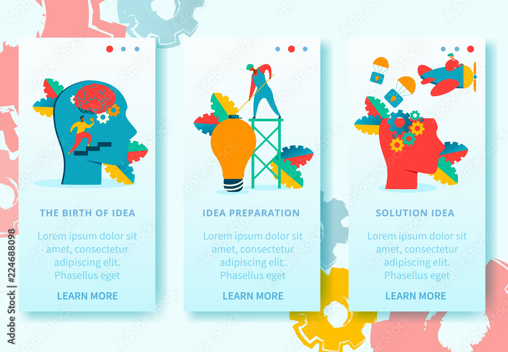 Obraz premium Modern flat characters brain neurology app screen concept banners.Idea birth,ideas preparation,solution idea represented by cartoon people interacting with human head gears,light bulb thoughts
