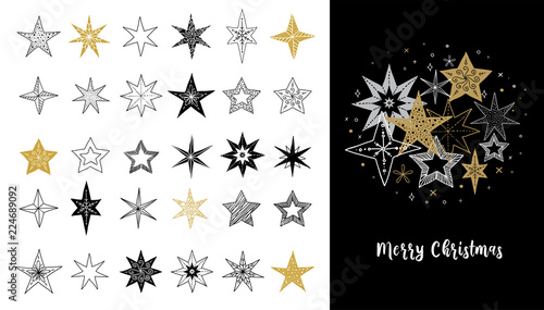 Collection of snowflakes, stars, Christmas decorations, hand drawn illustrations