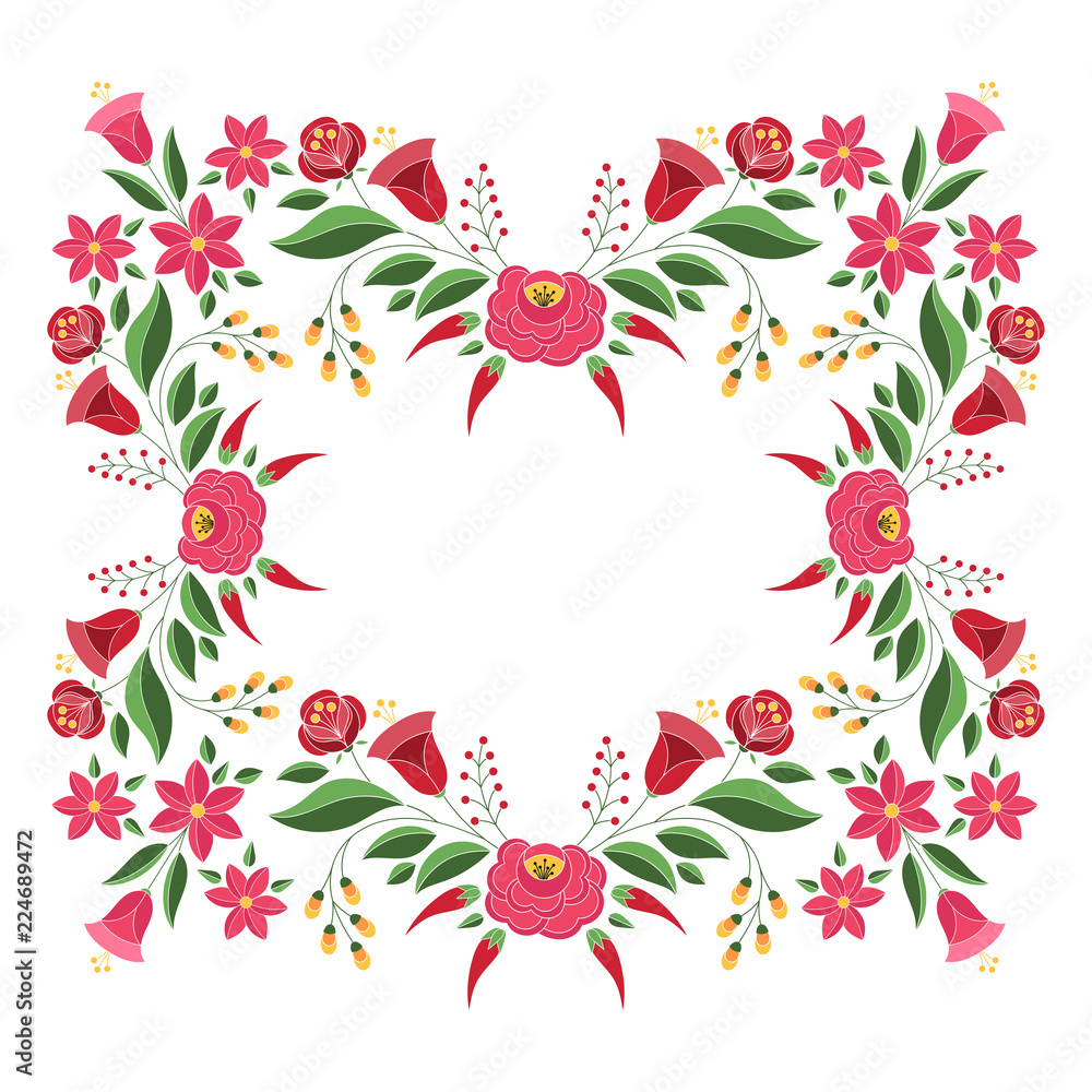 Hungarian folk pattern vector frame. Kalocsa embroidery floral ethnic ornament. Slavic eastern european print isolated. Vintage traditional flower design for vignette, photo album.