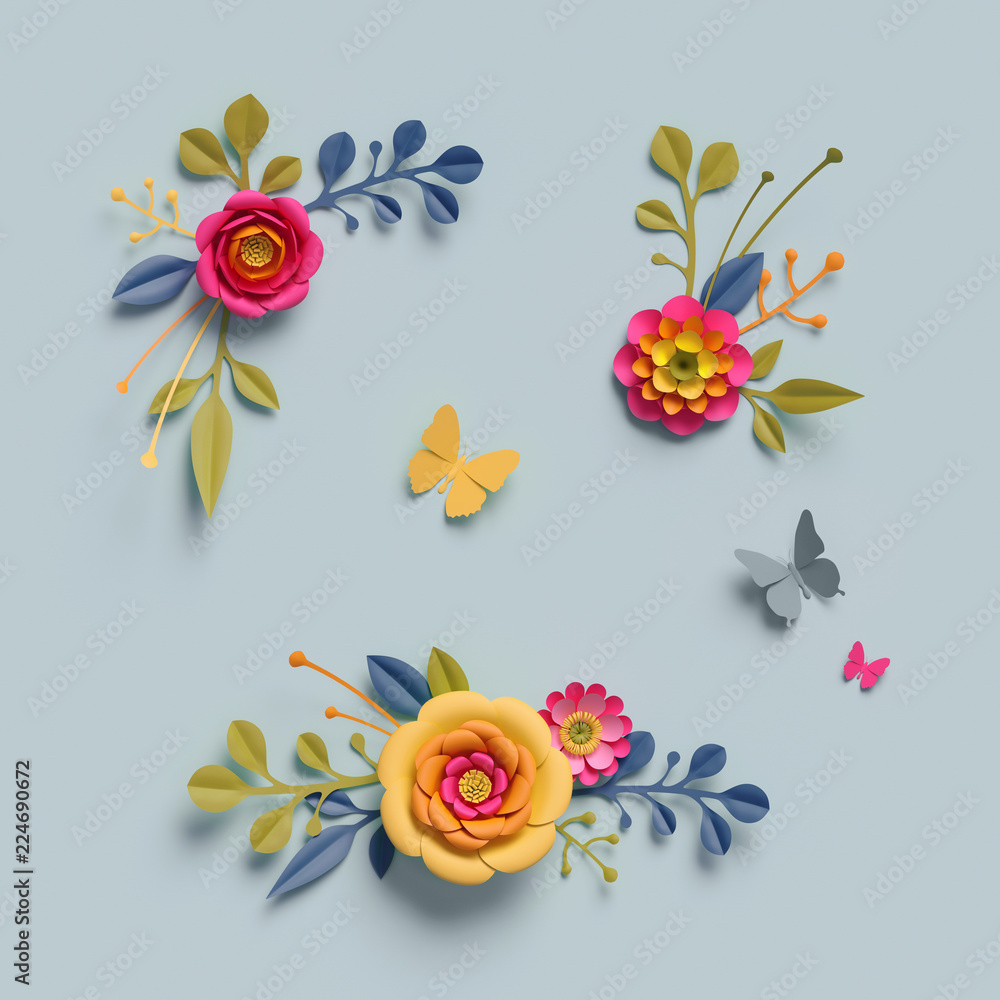 3d render, craft paper flowers, fall, autumn botanical arrangement