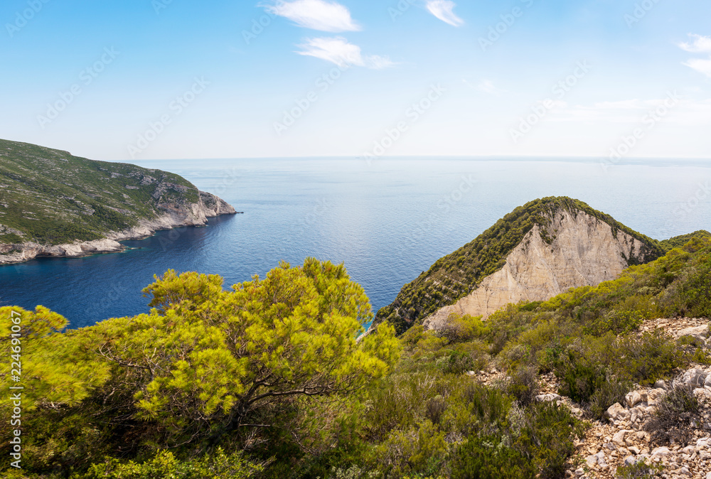 Zakynthos island coast line with a rock near shipwreck beach.