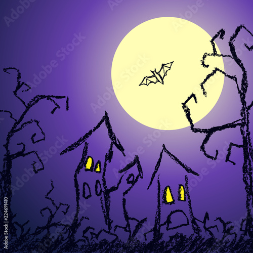 Halloween dark blue background with spooky naked trees, moon, bat and old house. Crayon, chalk pastel or pencil hand drawn simply grunge horror vector illustration.