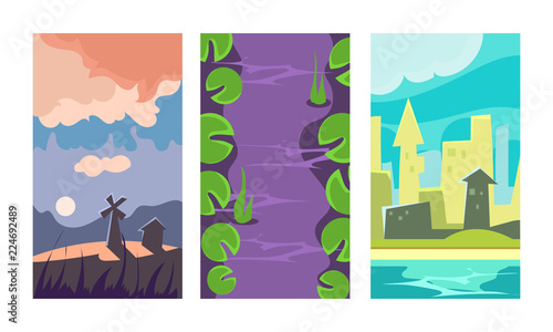 Flat vector set of 3 vertical backgrounds for online mobile game. Cartoon scene with windmill, purple river and cityscape