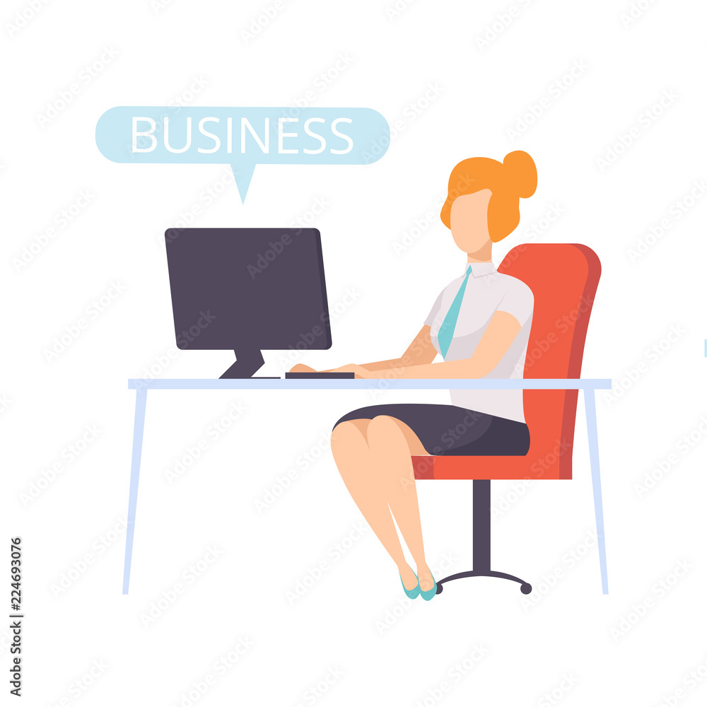 Businesswoman working on a computer, successful business character at work vector Illustration on a white background Businesswoman working on a computer, successful business character at work vector Illustration on a white background