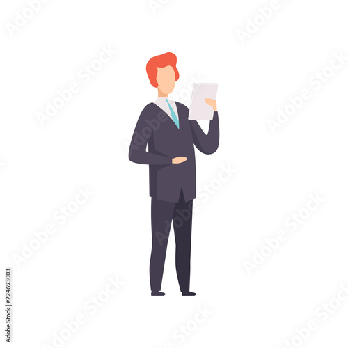 Businessman standing and reading paper document, successful business character at work vector Illustration on a white background