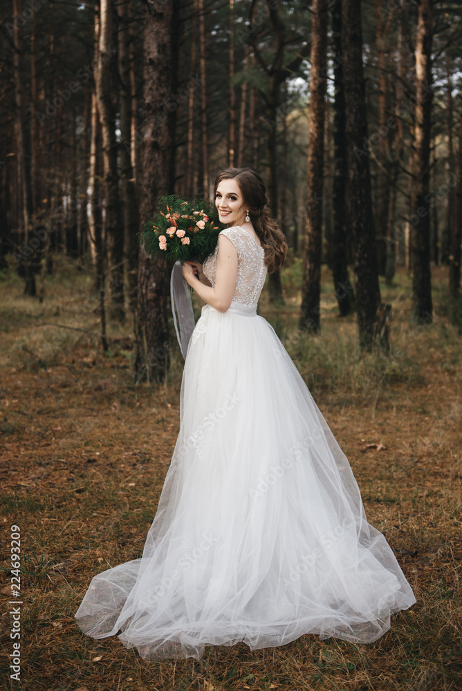 Beautiful bride in fashion wedding dress on natural background.The stunning young bride is incredibly happy. Wedding day. .A beautiful bride portrait in the forest.