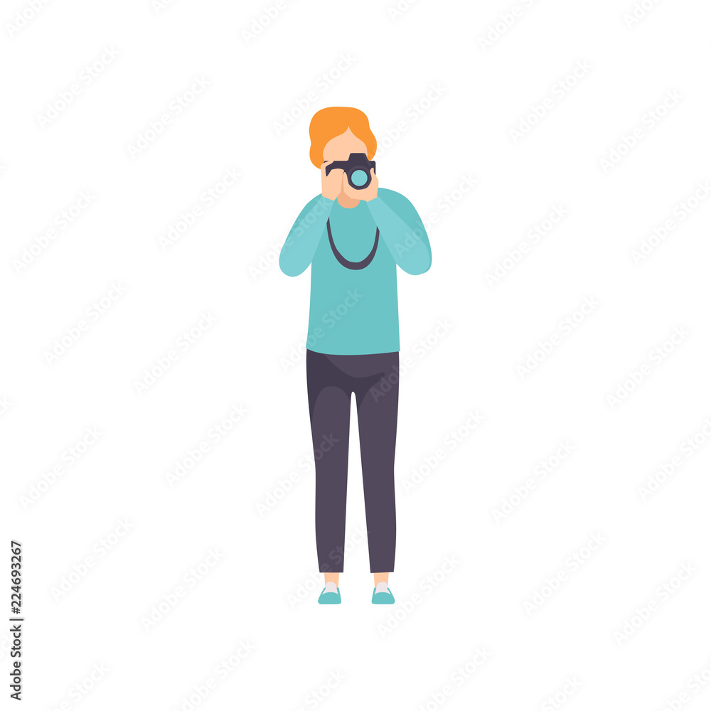 Young man photographing, guy taking photo with camera vector Illustration on a white background Young man photographing, guy taking photo with camera vector Illustration on a white background