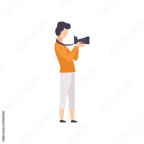Male photographer working with camera, guy taking photo with camera vector Illustration on a white background