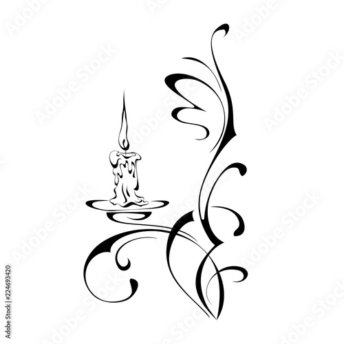object 11. stylized candle on a decorative candlestick in black lines on a white background