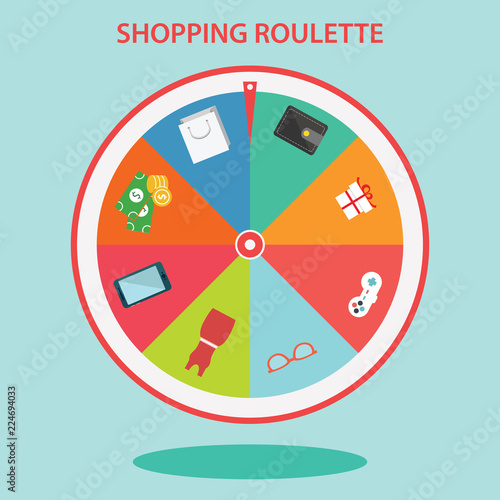 shopping roulette illustration wiel with different gifts.