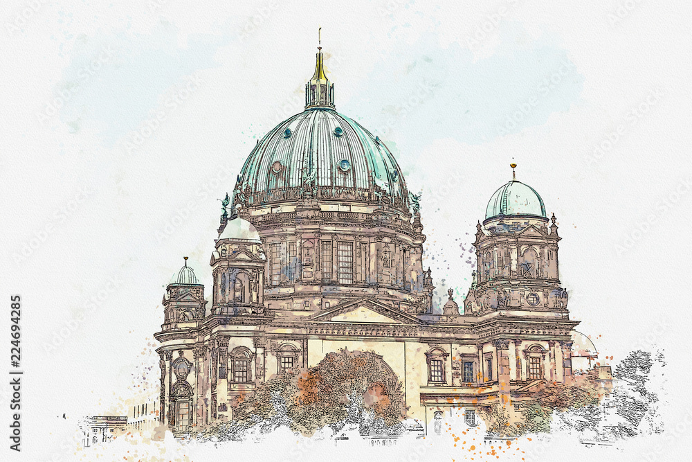 A watercolor sketch or illustration of the Berlin Cathedral called Berliner Dom. Berlin, Germany. City architecture.
