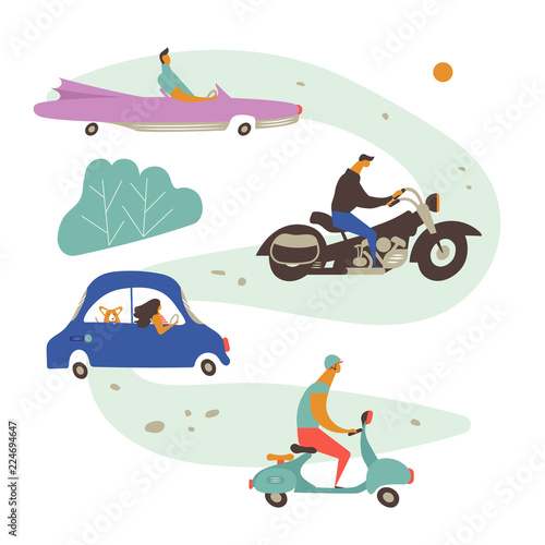 Vector illustration. Set of retro transport with cute characters. People go to the road on car, motorcycle, scooter.