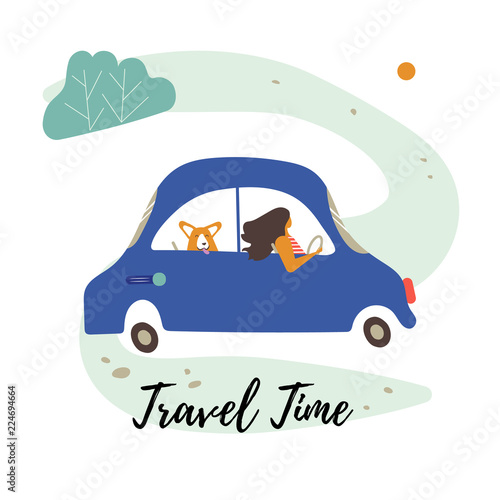 A woman with corgi in a family car is driving down the road.