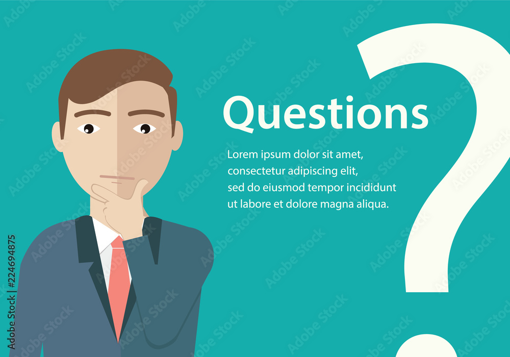 Man standing near big question symbol and she needs to ask help or advice via live chat, help desk or faq. Flat concept vector illustration of online support on blue background Man standing near big question symbol and she needs to ask help or advice via live chat, help desk or faq. Flat concept vector illustration of online support on blue background