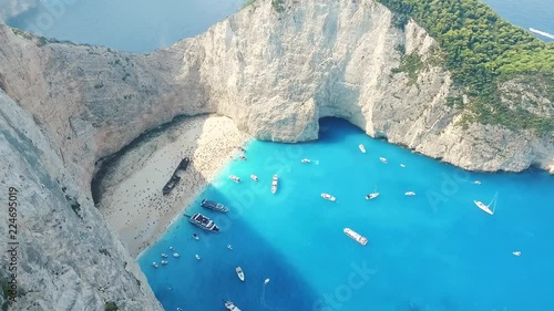 Drone shot of shipwreck beach in zakynthos. Flying over the beach from above. photo