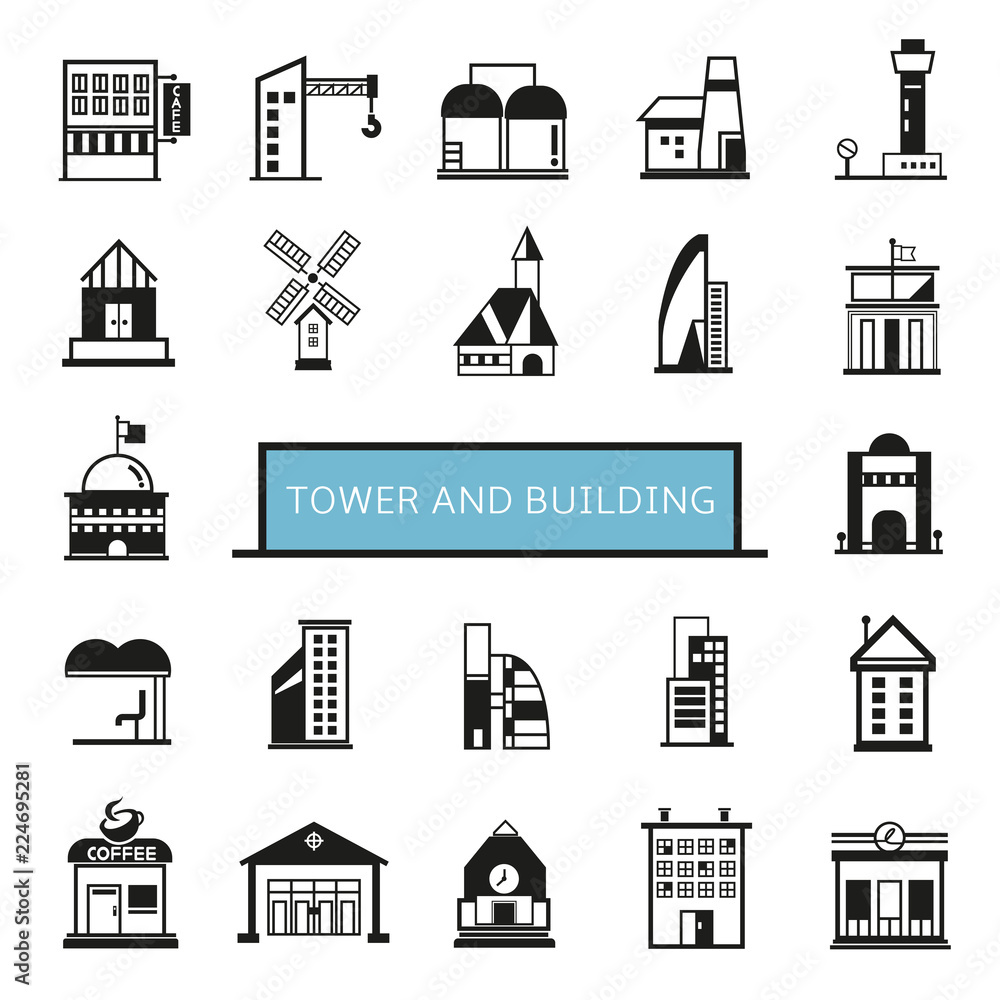 tower and building icons set