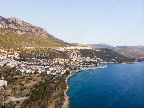 Aerial Drone View of Kas is small fishing, diving, yachting and tourist town in district of Antalya Province, Turkey. © Alp Aksoy