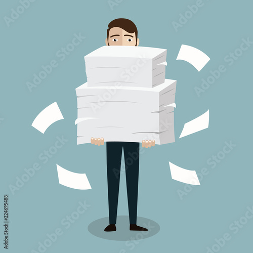 Businessman holds pile of office papers and documents. Documents and file Routine, bureaucracy, big data, paperwork, office. Vector illustration in flat style