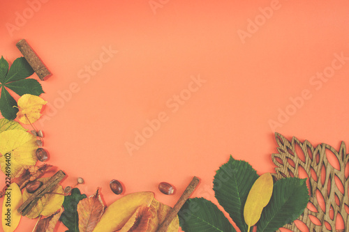  Yellow, brown and green autumn background with leaves, wood and acorns