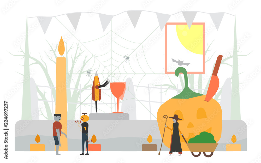 Minimal scary scene for halloween day, 31 October, with monsters that include glass, pumpkin man, frankenstein, umbrella, witch woman. Vector illustration isolated on white background.
