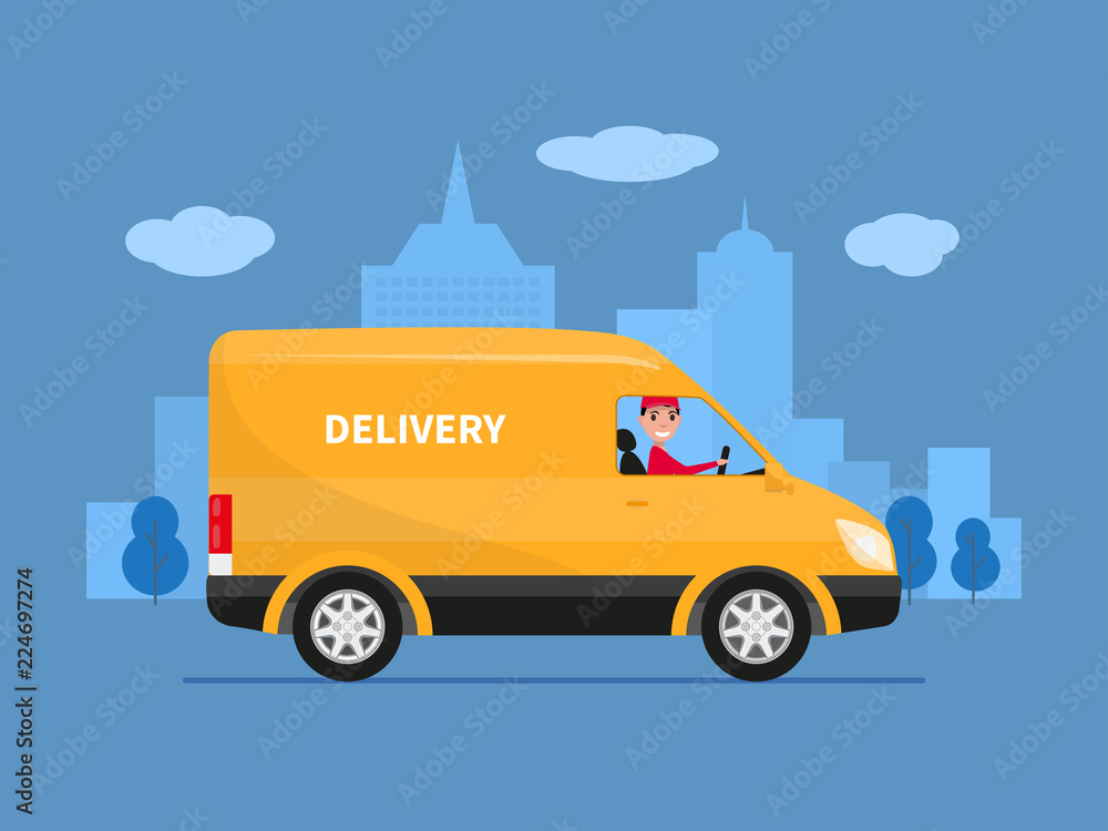 Vector cartoon delivery van with deliveryman Vector cartoon delivery van with deliveryman
