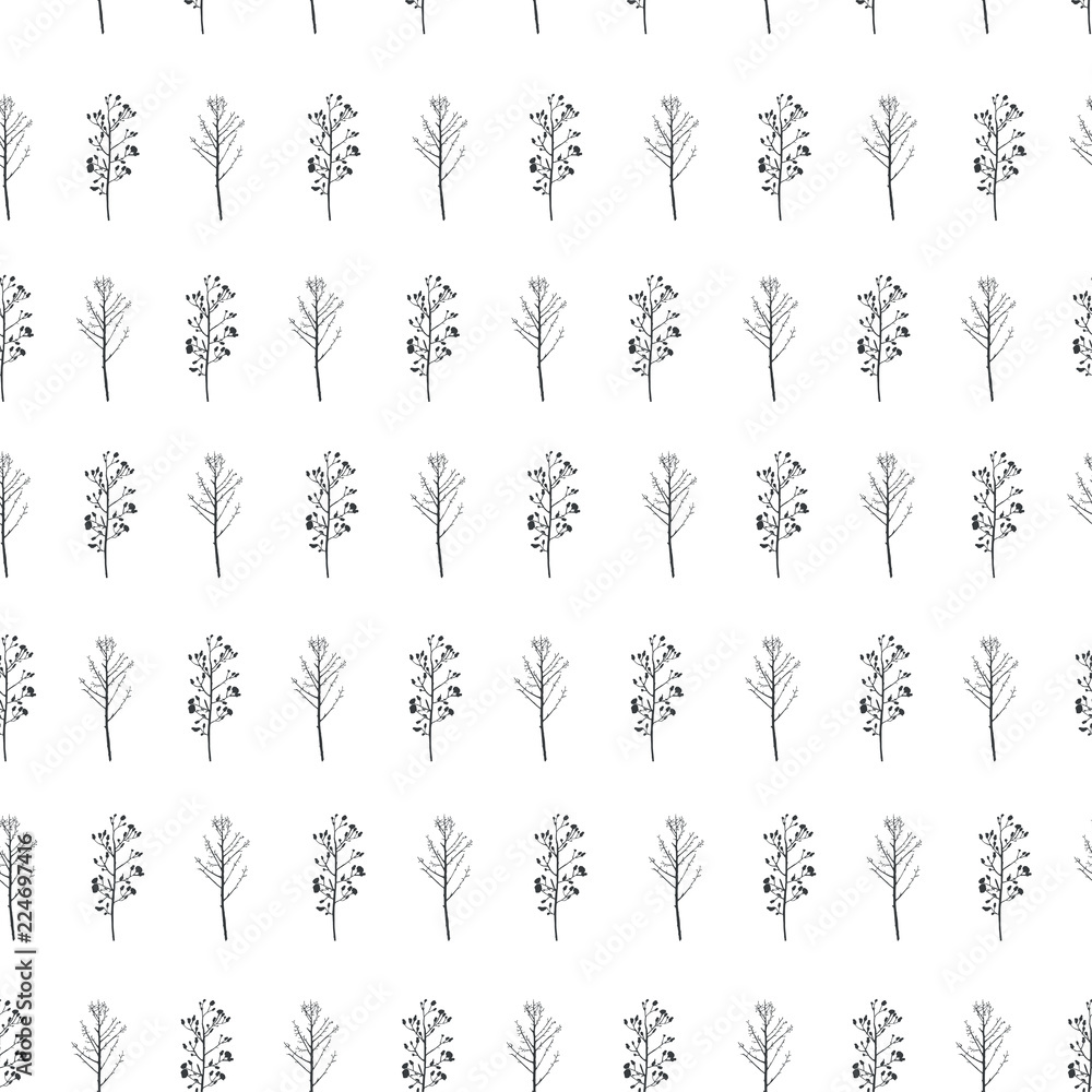 Vector illustration. Stylized trees silhouettes background. Vector seamless pattern. Fabric print element. Paper design.